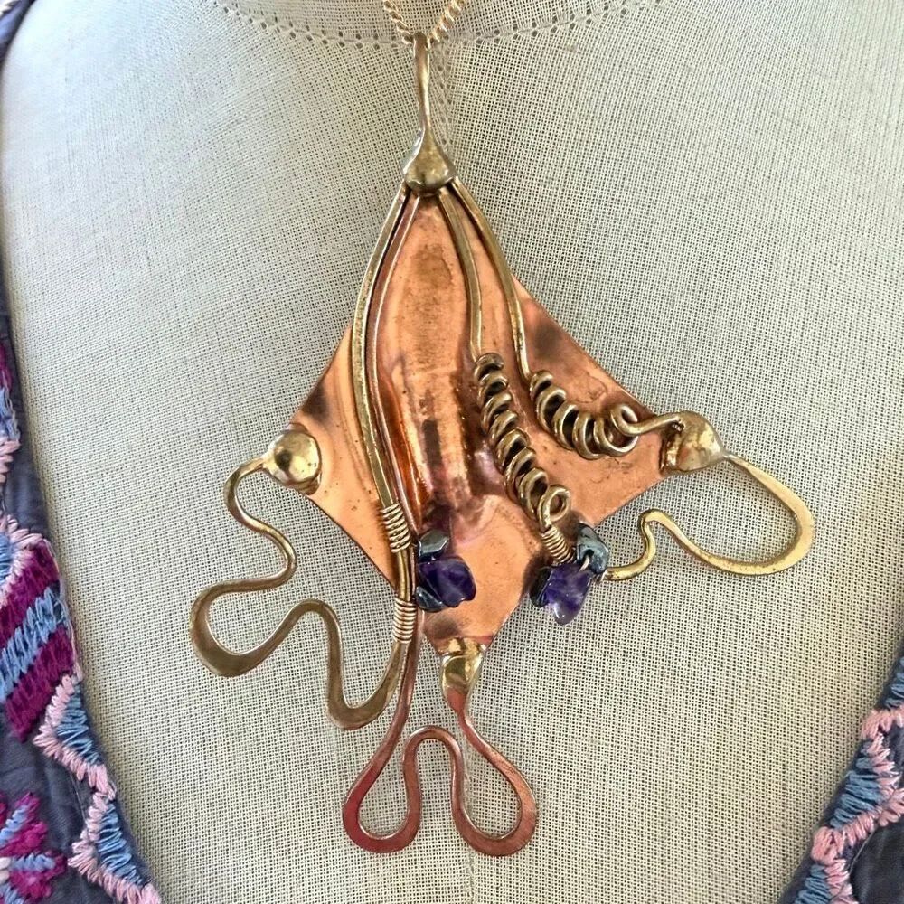 Robert Hale Signed 2007 Copper Brass Abstract Pendant Necklace Amethyst Hematite